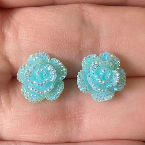 Jewelry - Delicate Light Blue Textured Rose Stud Earrings